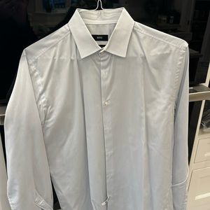 Hugo Boss mens dress shirt. White with light blue stripes